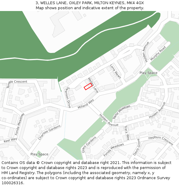 3, WELLES LANE, OXLEY PARK, MILTON KEYNES, MK4 4GX: Location map and indicative extent of plot