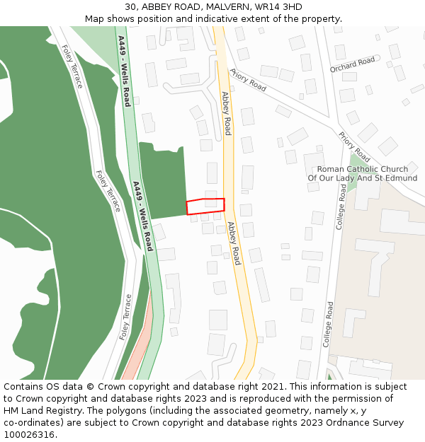 30, ABBEY ROAD, MALVERN, WR14 3HD: Location map and indicative extent of plot