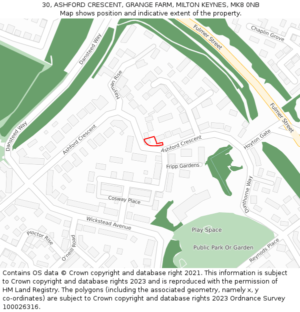 30, ASHFORD CRESCENT, GRANGE FARM, MILTON KEYNES, MK8 0NB: Location map and indicative extent of plot