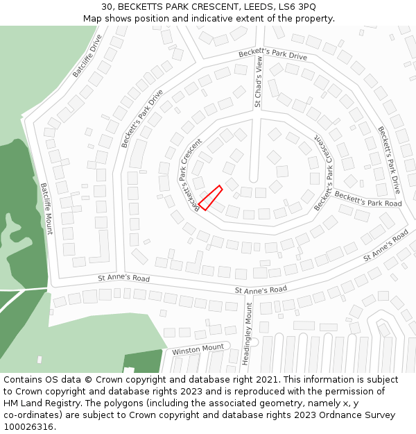 30, BECKETTS PARK CRESCENT, LEEDS, LS6 3PQ: Location map and indicative extent of plot