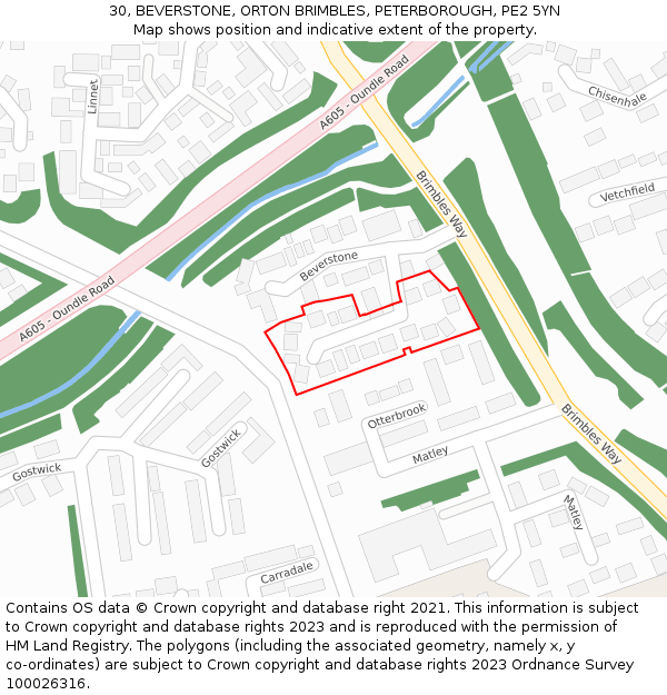 30, BEVERSTONE, ORTON BRIMBLES, PETERBOROUGH, PE2 5YN: Location map and indicative extent of plot