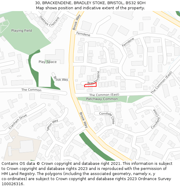 30, BRACKENDENE, BRADLEY STOKE, BRISTOL, BS32 9DH: Location map and indicative extent of plot