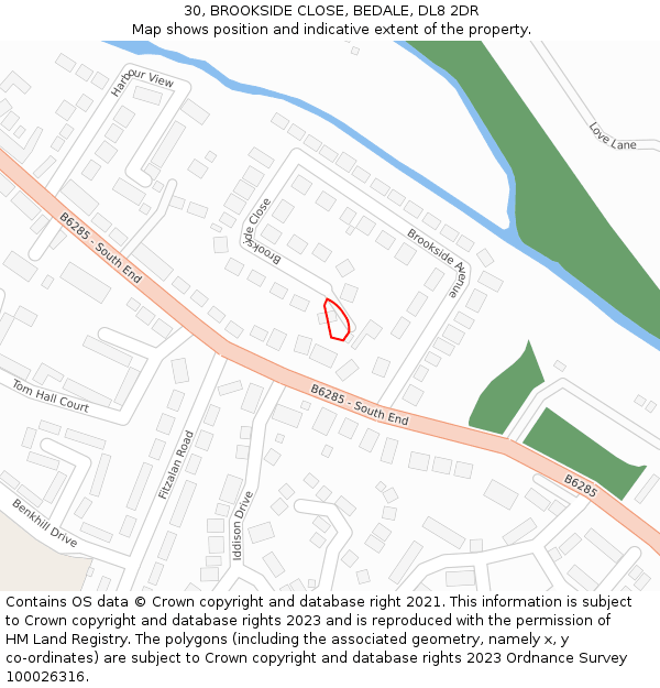 30, BROOKSIDE CLOSE, BEDALE, DL8 2DR: Location map and indicative extent of plot