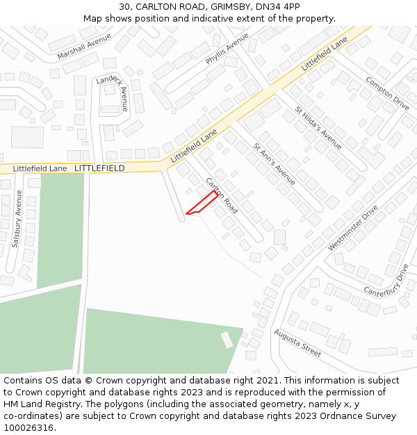 30, CARLTON ROAD, GRIMSBY, DN34 4PP: Location map and indicative extent of plot