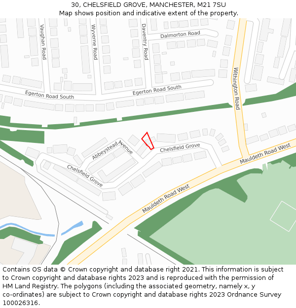 30, CHELSFIELD GROVE, MANCHESTER, M21 7SU: Location map and indicative extent of plot