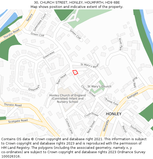 30, CHURCH STREET, HONLEY, HOLMFIRTH, HD9 6BE: Location map and indicative extent of plot