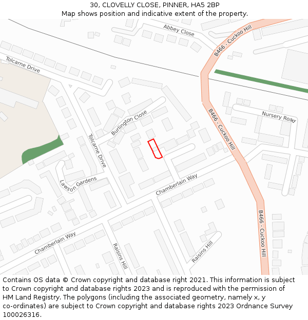 30, CLOVELLY CLOSE, PINNER, HA5 2BP: Location map and indicative extent of plot