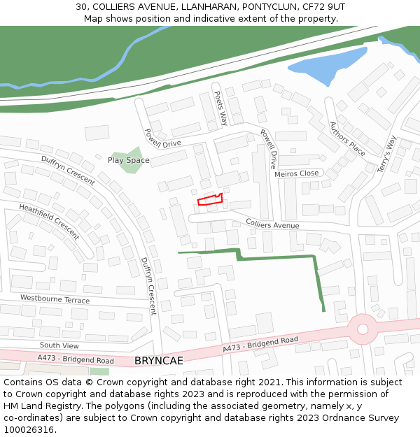 30, COLLIERS AVENUE, LLANHARAN, PONTYCLUN, CF72 9UT: Location map and indicative extent of plot