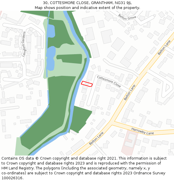 30, COTTESMORE CLOSE, GRANTHAM, NG31 9JL: Location map and indicative extent of plot