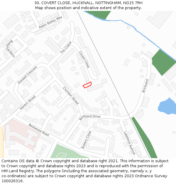 30, COVERT CLOSE, HUCKNALL, NOTTINGHAM, NG15 7RH: Location map and indicative extent of plot