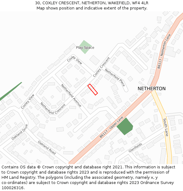 30, COXLEY CRESCENT, NETHERTON, WAKEFIELD, WF4 4LR: Location map and indicative extent of plot