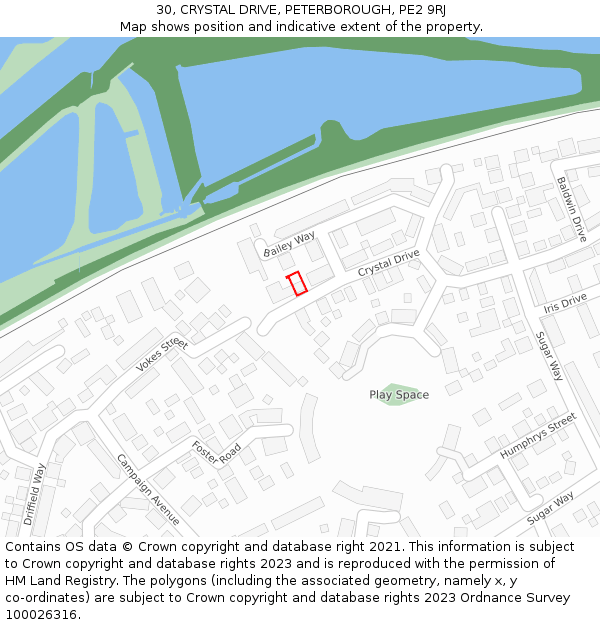 30, CRYSTAL DRIVE, PETERBOROUGH, PE2 9RJ: Location map and indicative extent of plot