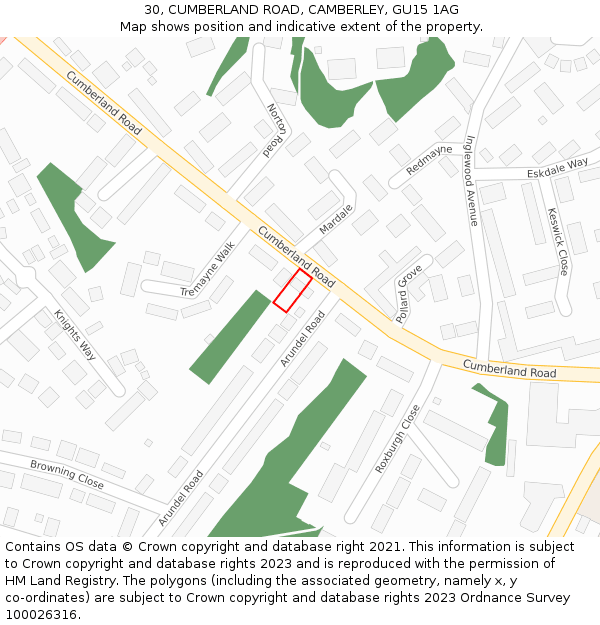 30, CUMBERLAND ROAD, CAMBERLEY, GU15 1AG: Location map and indicative extent of plot