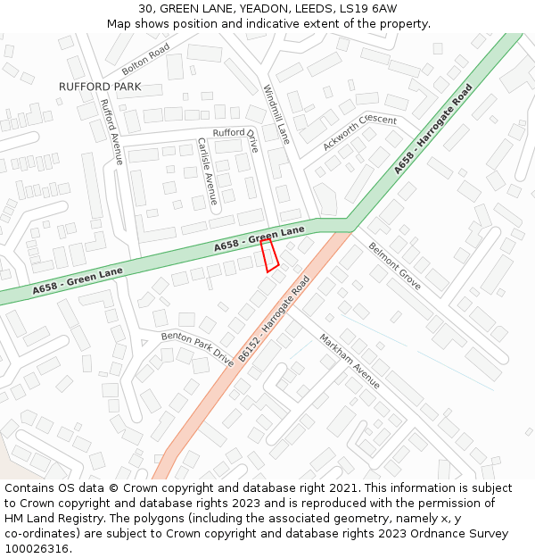 30, GREEN LANE, YEADON, LEEDS, LS19 6AW: Location map and indicative extent of plot