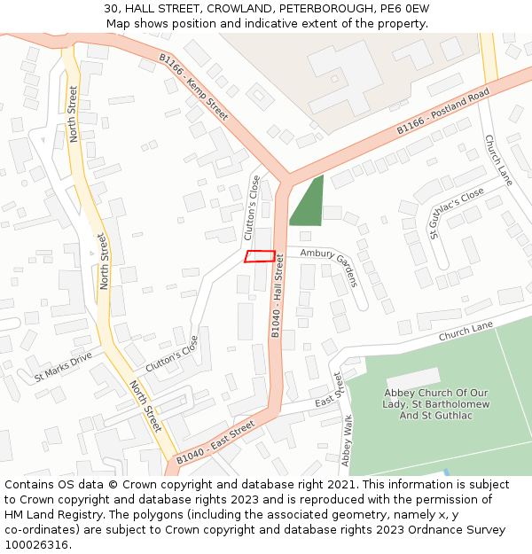 30, HALL STREET, CROWLAND, PETERBOROUGH, PE6 0EW: Location map and indicative extent of plot