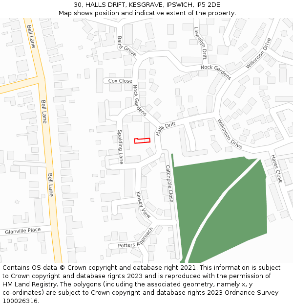 30, HALLS DRIFT, KESGRAVE, IPSWICH, IP5 2DE: Location map and indicative extent of plot