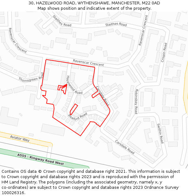 30, HAZELWOOD ROAD, WYTHENSHAWE, MANCHESTER, M22 0AD: Location map and indicative extent of plot