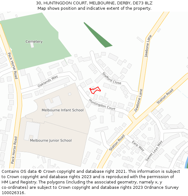 30, HUNTINGDON COURT, MELBOURNE, DERBY, DE73 8LZ: Location map and indicative extent of plot