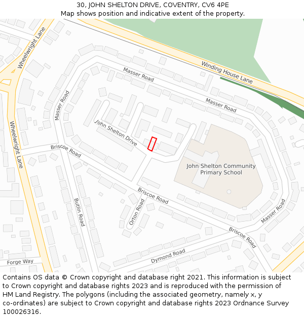 30, JOHN SHELTON DRIVE, COVENTRY, CV6 4PE: Location map and indicative extent of plot