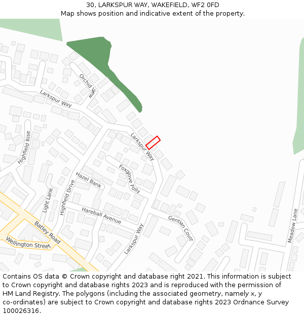 30, LARKSPUR WAY, WAKEFIELD, WF2 0FD: Location map and indicative extent of plot