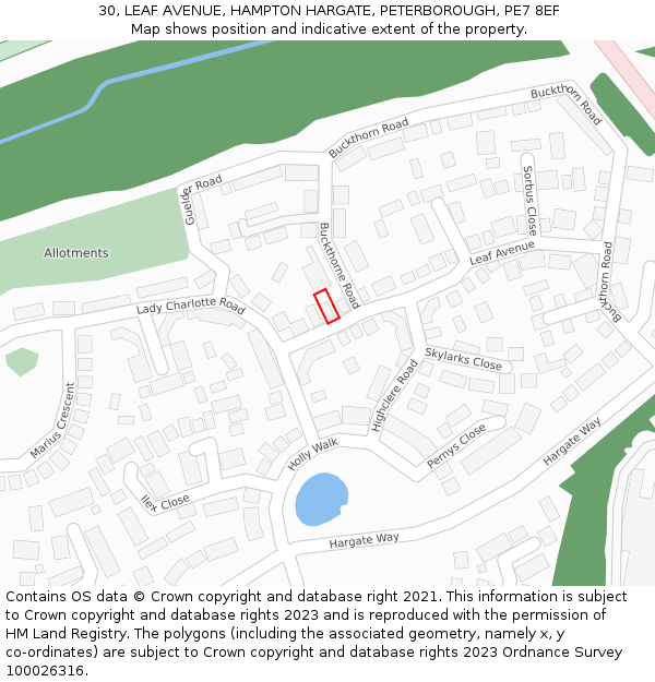 30, LEAF AVENUE, HAMPTON HARGATE, PETERBOROUGH, PE7 8EF: Location map and indicative extent of plot
