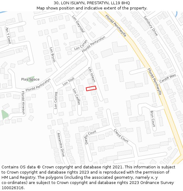30, LON ISLWYN, PRESTATYN, LL19 8HQ: Location map and indicative extent of plot