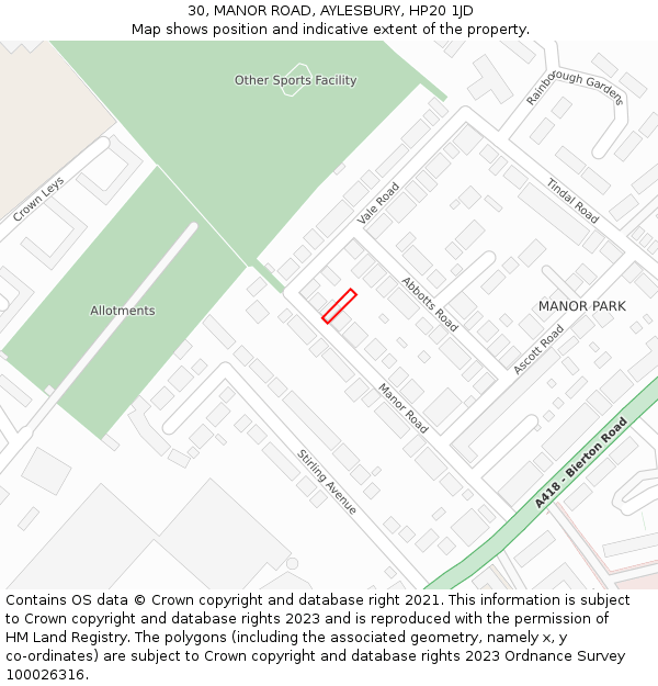 30, MANOR ROAD, AYLESBURY, HP20 1JD: Location map and indicative extent of plot