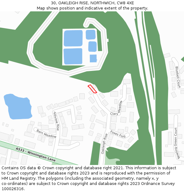 30, OAKLEIGH RISE, NORTHWICH, CW8 4XE: Location map and indicative extent of plot