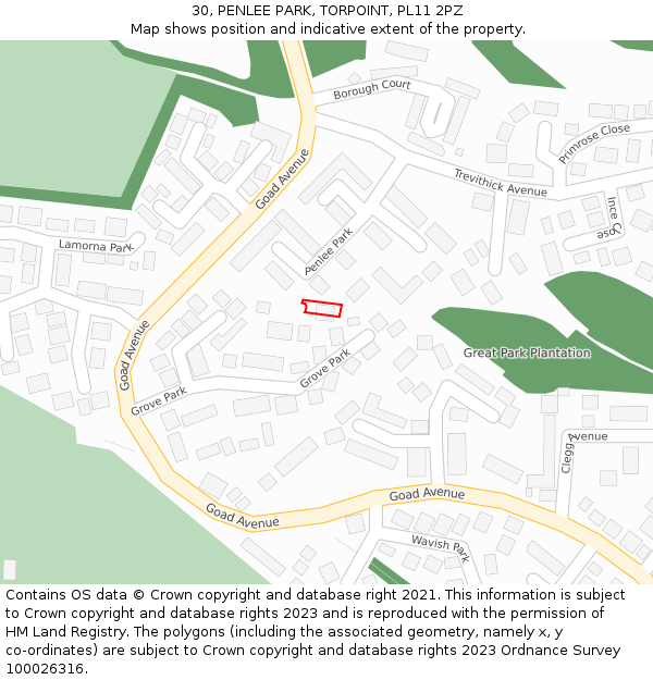 30, PENLEE PARK, TORPOINT, PL11 2PZ: Location map and indicative extent of plot