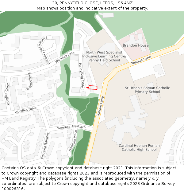 30, PENNYFIELD CLOSE, LEEDS, LS6 4NZ: Location map and indicative extent of plot