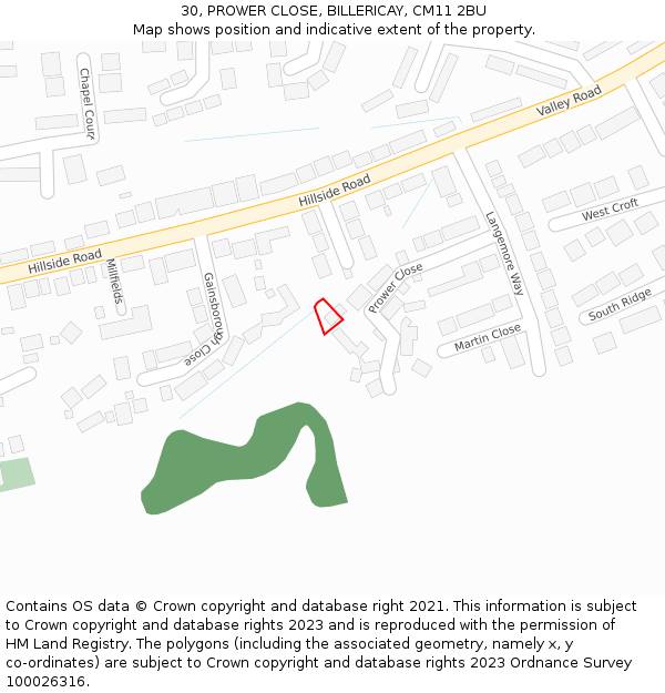 30, PROWER CLOSE, BILLERICAY, CM11 2BU: Location map and indicative extent of plot