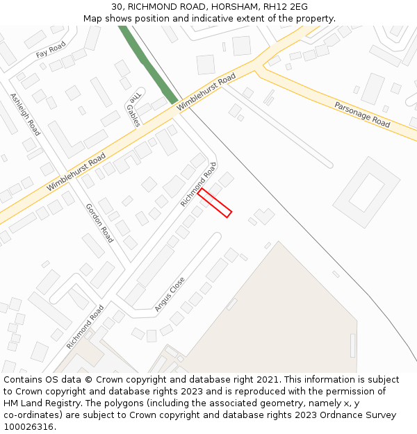 30, RICHMOND ROAD, HORSHAM, RH12 2EG: Location map and indicative extent of plot