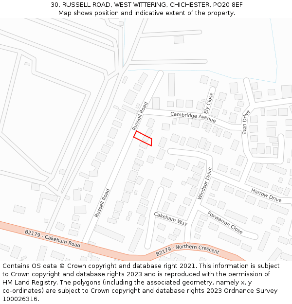 30, RUSSELL ROAD, WEST WITTERING, CHICHESTER, PO20 8EF: Location map and indicative extent of plot