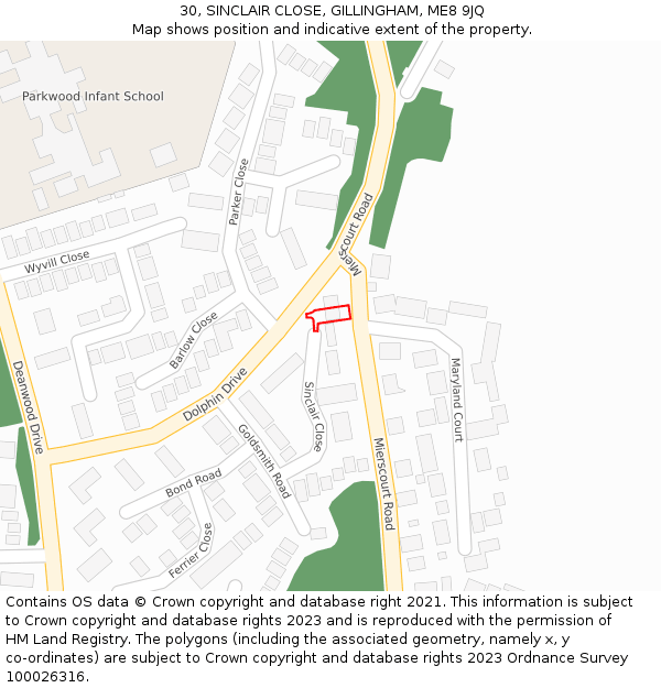 30, SINCLAIR CLOSE, GILLINGHAM, ME8 9JQ: Location map and indicative extent of plot