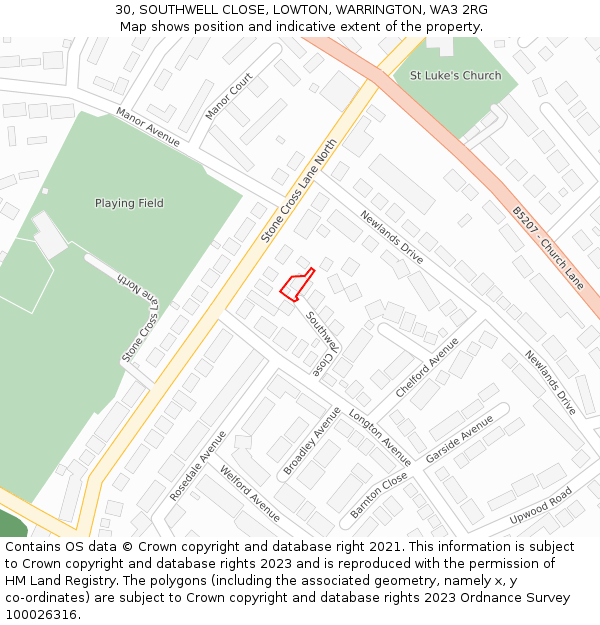 30, SOUTHWELL CLOSE, LOWTON, WARRINGTON, WA3 2RG: Location map and indicative extent of plot