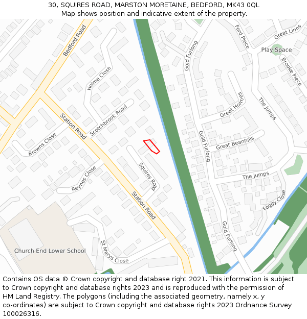 30, SQUIRES ROAD, MARSTON MORETAINE, BEDFORD, MK43 0QL: Location map and indicative extent of plot