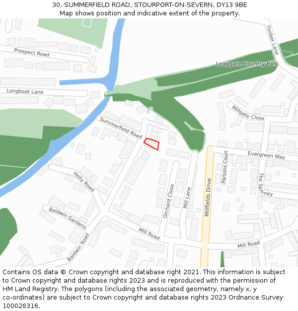 30, SUMMERFIELD ROAD, STOURPORT-ON-SEVERN, DY13 9BE: Location map and indicative extent of plot