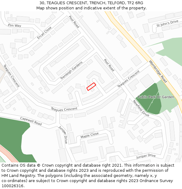 30, TEAGUES CRESCENT, TRENCH, TELFORD, TF2 6RG: Location map and indicative extent of plot