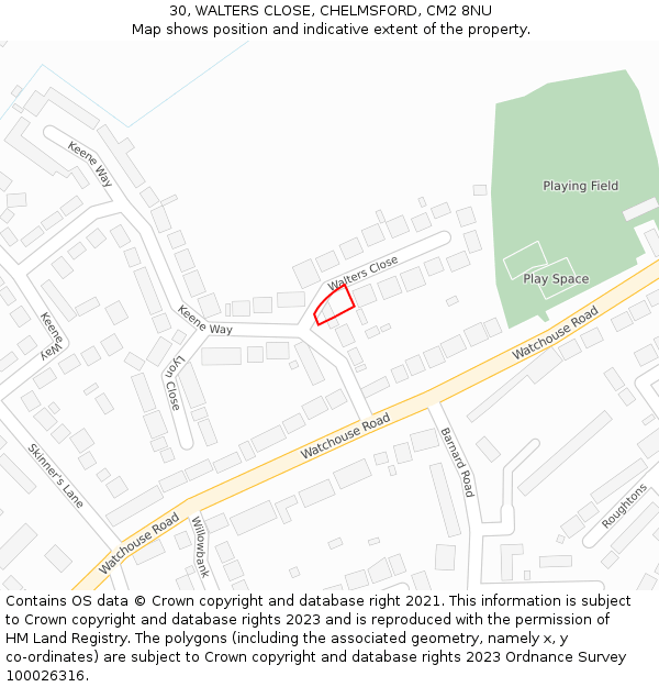 30, WALTERS CLOSE, CHELMSFORD, CM2 8NU: Location map and indicative extent of plot