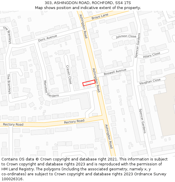 303, ASHINGDON ROAD, ROCHFORD, SS4 1TS: Location map and indicative extent of plot