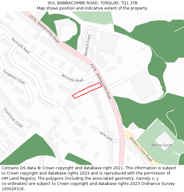 303, BABBACOMBE ROAD, TORQUAY, TQ1 3TB: Location map and indicative extent of plot