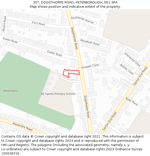 307, DOGSTHORPE ROAD, PETERBOROUGH, PE1 3PA: Location map and indicative extent of plot