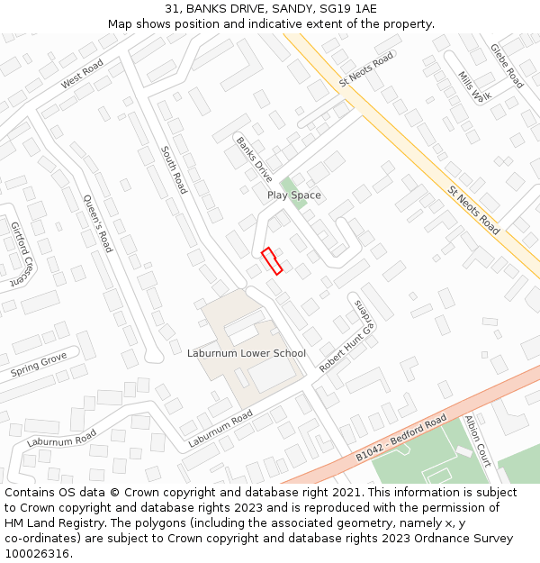 31, BANKS DRIVE, SANDY, SG19 1AE: Location map and indicative extent of plot