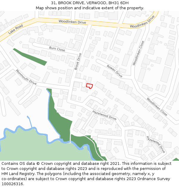 31, BROOK DRIVE, VERWOOD, BH31 6DH: Location map and indicative extent of plot