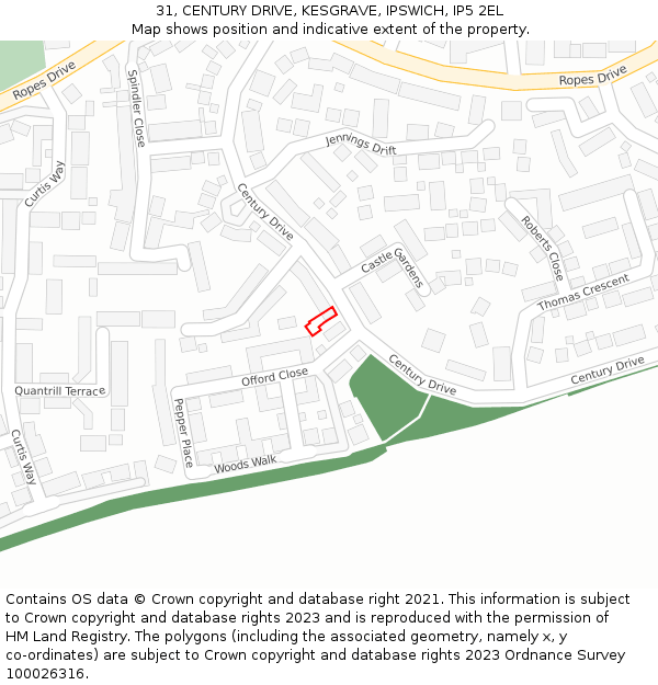 31, CENTURY DRIVE, KESGRAVE, IPSWICH, IP5 2EL: Location map and indicative extent of plot