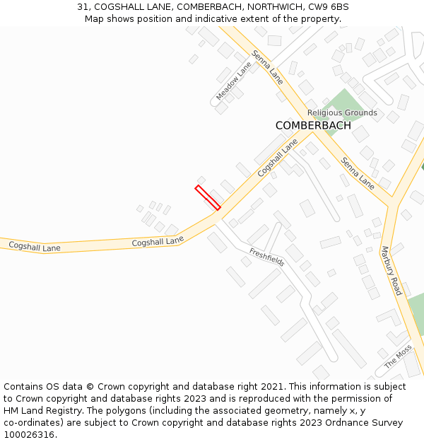 31, COGSHALL LANE, COMBERBACH, NORTHWICH, CW9 6BS: Location map and indicative extent of plot