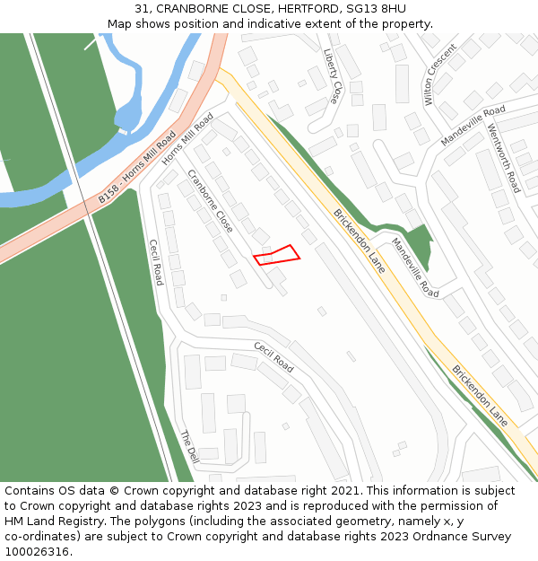 31, CRANBORNE CLOSE, HERTFORD, SG13 8HU: Location map and indicative extent of plot