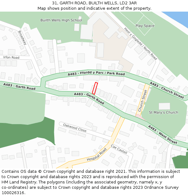 31, GARTH ROAD, BUILTH WELLS, LD2 3AR: Location map and indicative extent of plot