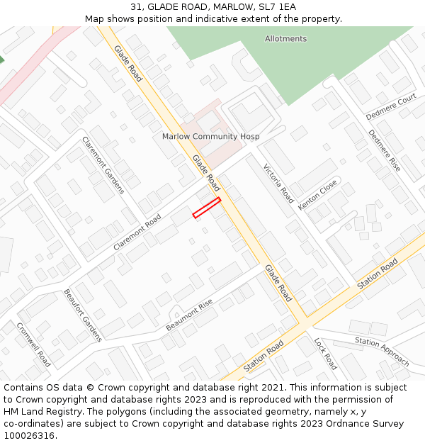 31, GLADE ROAD, MARLOW, SL7 1EA: Location map and indicative extent of plot