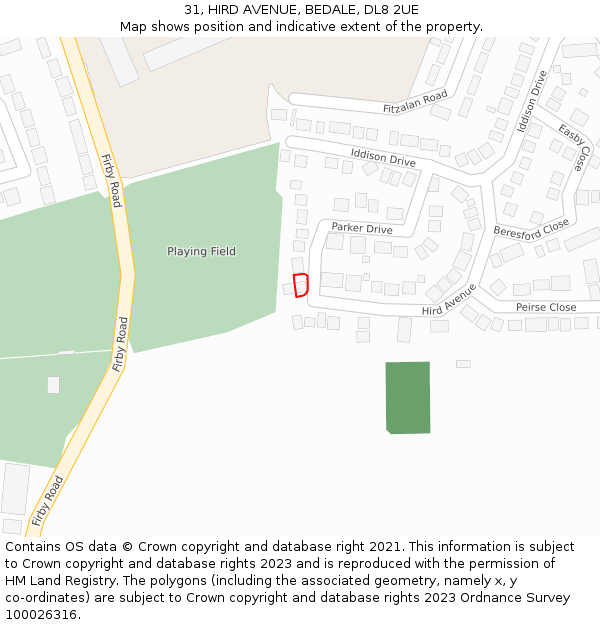 31, HIRD AVENUE, BEDALE, DL8 2UE: Location map and indicative extent of plot